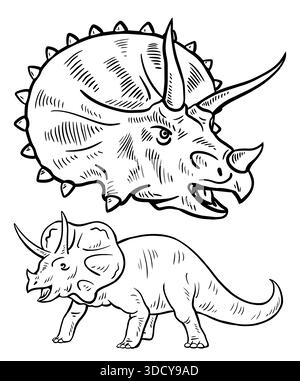 Testa di dinosauro Triceratops, illustrazione vintage isolata Illustrazione Vettoriale