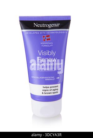 LONDRA, Regno Unito - 22 SETTEMBRE 2025: Neutrogena rinnova visibilmente la crema per le mani anti-invecchiamento sul bianco Foto Stock