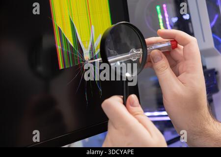 Primo piano di mani professionali che tengono una lente d'ingrandimento e un cacciavite su uno schermo del computer gravemente incrinato, per risolvere i problemi hardware du Foto Stock