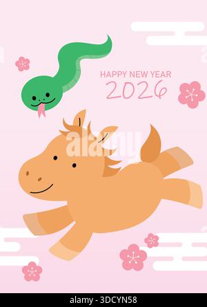 Cavallo zodiaco e serpente zodiaco. Ex anno cinese del serpente 2025 e Capodanno del cavallo 2026 biglietto di auguri illustrazione vettoriale. Illustrazione Vettoriale