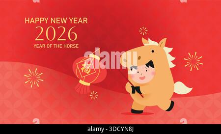 Bambino carino in costume da cavallo con una lanterna di carta. Celebrazione del nuovo anno cinese del cavallo 2026 biglietto di auguri illustrazione vettoriale. Illustrazione Vettoriale