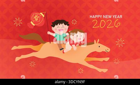 Due bambini a cavallo, cavallo zodiaco. Festeggiamo il nuovo anno cinese del cavallo 2026 in cartolina di auguri di famiglia. Illustrazione Vettoriale