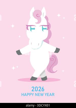 Buon anno nuovo del cavallo 2026 biglietto d'auguri con carta vettoriale di cavallo antropomorfo. Bellissimo cavallo zodiaco. Poster per festeggiare il nuovo anno lunare 2026. Illustrazione Vettoriale