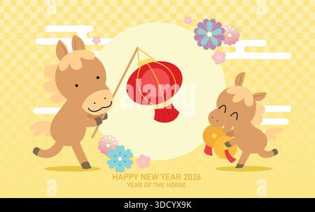 Capodanno cinese del cavallo 2026 modello vettoriale biglietto d'auguri con genitore e bambino. Simpatici cavalli zodiacali con lanterna rossa con sfondo floreale Illustrazione Vettoriale