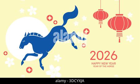 Capodanno cinese 2026 moderno design della carta. Illustrazione vettoriale minimalista per il nuovo anno lunare 2026 con cavallo zodiacale sullo sfondo delle lanterne appese. Illustrazione Vettoriale