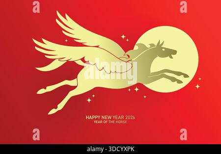 Biglietto d'auguri per il cavallo volante Pegasus 2026. Capodanno cinese del cavallo 2026 sfondo vettoriale con cavallo dorato con ali. Illustrazione Vettoriale