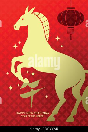 Silhouette di cavallo zodiacale con sfondo lanterna cinese. Capodanno cinese del cavallo 2026 tradizionale biglietto d'auguri a forma di cavallo dorato. Illustrazione Vettoriale