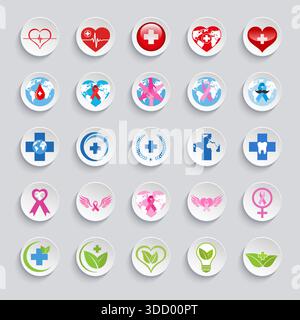 Illustrazione set creativo di icone mediche su sfondo grigio con ombra Illustrazione Vettoriale