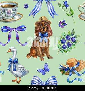Illustrazione d'acquerello vintage senza cuciture con incantevoli motivi cottagecore: Cane in cappello, oca con fiocco, tazze da tè floreali, nastri, farfalle Foto Stock
