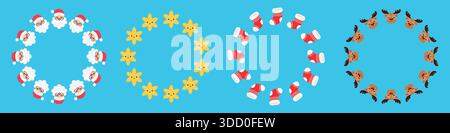 Un set di semplici cornici rotonde con elementi natalizi. Illustrazione vettoriale in stile piatto. Illustrazione Vettoriale