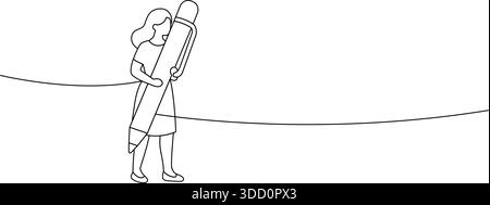 Donna che porta una penna oversize. Illustrazione minimalista del vettore di linea del carattere femminile con grande penna a sfera Illustrazione Vettoriale