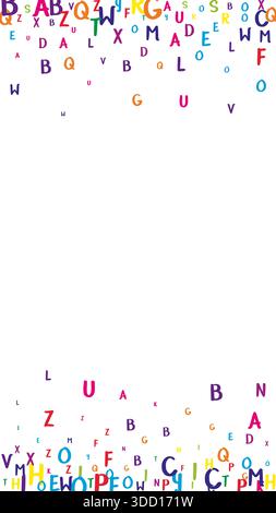 Lettere sparse di alfabeto latino. Coloratissimi personaggi galleggianti in lingua inglese. Concetto di studio delle lingue straniere. Banner di ritorno a scuola su sfondo bianco. Illustrazione Vettoriale