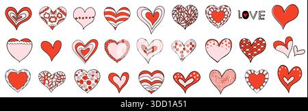 Set vettoriale con cuori disegnati a mano nei colori rosa, rosso e nero con vari motivi, punti, strisce, linee ondulate, elementi floreali e scale per Valen Illustrazione Vettoriale