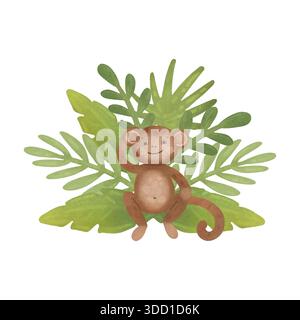 Scimmia in foglie tropicali, composizione. Illustrazione a cartoni animati in stile piatto. Acquerello, pastello. Verde, marrone. Per la progettazione di prodotti per bambini Foto Stock