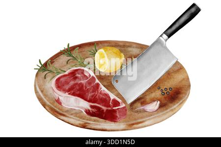 Illustrazione ad acquerello di una bistecca di manzo ribeye crudo su un tagliere di legno con un tagliere per carne, limone, rosmarino, aglio e grani di pepe. Realistico Foto Stock