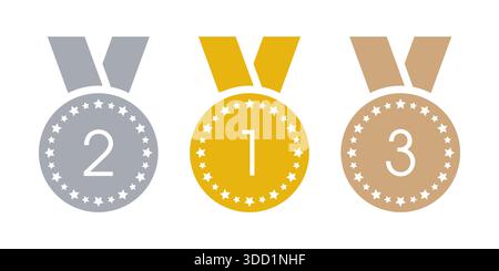 simboli della medaglia d'oro, d'argento e di bronzo. prima, seconda, terza interfaccia medaglia. simboli di medaglia per sport, istruzione, affari Foto Stock