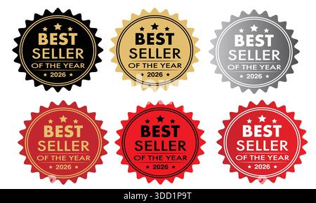 Collezione di distintivi Best Seller of the Year 2026 con sigillo Gold Silver Red Award Design per prodotti e-commerce promozione marketing Branding e online Illustrazione Vettoriale