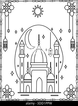 Elegante illustrazione della Moschea Islamica con Luna Mezzaluna e Lanterne. Pagina colorata della Moschea per bambini e adulti. Illustrazione Vettoriale