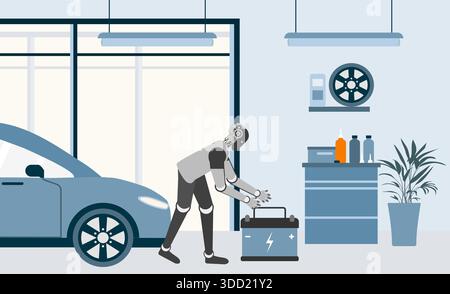 Robot che lavora in un moderno garage con auto elettriche e batteria intorno a un vettore di apparecchiature high-tech Illustrazione Vettoriale