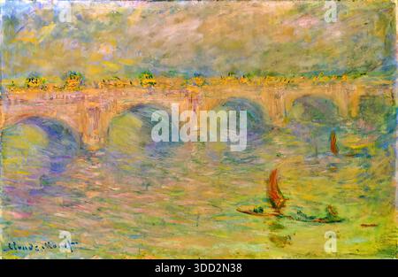 Waterloo Bridge, effetto luce solare, 18991901 di Claude Monet (1840-1926). Olio su tela paesaggio urbano londinese impressionista francese. Illustrazione Vettoriale