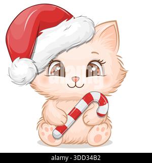 Carino gatto cartoni animati con cappello di Babbo Natale e canna da zucchero. Illustrazione vettoriale di Capodanno di alimenti animali e dolci su sfondo bianco. Illustrazione Vettoriale