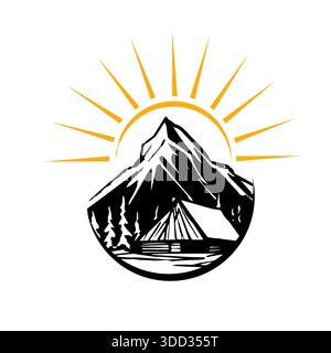 Logo montagna e sole . Disegnato a mano. Non ai, illustrazione vettoriale. Illustrazione Vettoriale