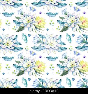 Elegante motivo floreale ad acquerello con fiori di luna, delicate foglie e dettagli morbidi e sognanti. Perfetto per l'uso su tessuti e carte da parati Foto Stock