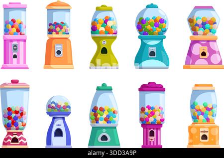 Caramelle cartoni animati. Distributori automatici con gumballs colorate e caramelle. Dolci in dispenser di vetro per ufficio, centro commerciale, negozi, zone per bambini, sapid Illustrazione Vettoriale