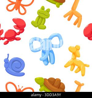 Giochi a palloncino con motivo senza cuciture. Animali da bolla, elefante granchio tartaruga rana cane farfalla. I palloncini colorati stampano per tessuti, tessuti e avvolgimenti Illustrazione Vettoriale