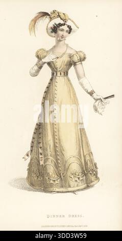 Donna alla moda in abito da cena. Abito in raso turco al limone, decorato con bottoni, rouleau en serpent sul davanti, maniche corte, gonna con rouleaus ondulato, cintura lunga con fibbia oro. Cappello in raso bianco con rubino e piume da uccello del paradiso. Incisione in rame colorata a mano di Thomas Uwins, alias Arbiter Elegantiarum, dal Repository of Arts di Rudolph Ackermann, Strand, Londra, febbraio 1826. Foto Stock