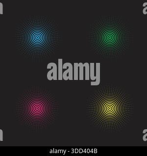 Motivi circolari tratteggiati astratti in quattro colori su sfondo scuro Illustrazione Vettoriale