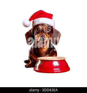 Un grazioso dachshund che indossa un cappello di Babbo Natale si trova di fronte alla sua ciotola. Concetto natalizio o festivo, illustrazione vettoriale Illustrazione Vettoriale
