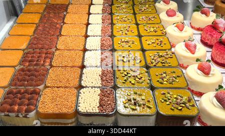 Assortimento di dolci dolci e torte individuali con sapori di pistacchio, fragola e cioccolato Foto Stock