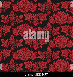 Motivo vettoriale cupo senza cuciture con fiori e foglie rosse decorative su sfondo nero. Ornamento floreale a tracolla per carta da parati, tessuti e involucri Illustrazione Vettoriale