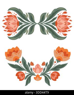 Set vettoriale di cornici di fiori d'arte popolare. Collezione di divisori floreali geometrici. Ideale per imballaggi, tessuti, adesivi, articoli di cancelleria Illustrazione Vettoriale