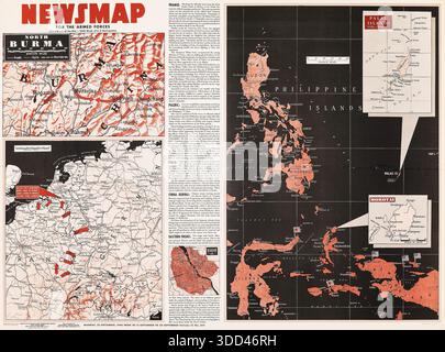 A World War II Newsmap for the Armed Forces, volume III No. 25F, datato lunedì 9 ottobre 1944. Il poster presenta una grande mappa strategica del teatro Birmania-Cina, che mostra il fronte di Salween, la strada di Ledo e la strada della Birmania. Mappe più piccole illustrano le isole Palau (Peleliu e Angaur) e l'invasione di Morotai. Le sezioni di testo forniscono riassunti delle notizie sui progressi della 14th Army britannica, della 14th Air Force statunitense in Cina e degli avanzamenti alleati nel Pacifico. Foto Stock