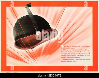 Una Newsmap della seconda guerra mondiale per il poster didattico delle forze armate intitolato "Proteggi le tue attrezzature". Il poster presenta illustrazioni dettagliate e testi incentrati sulla cura e la manutenzione dell'iconico casco M1 in acciaio e del suo rivestimento interno. Fornisce ai soldati istruzioni specifiche su come pulire, ispezionare e conservare i loro indumenti protettivi per garantire la preparazione al combattimento. Questo documento storico serve come esempio di disciplina militare e l'enfasi logistica posta sulla longevità delle attrezzature durante lo sforzo bellico degli anni '1940. Foto Stock