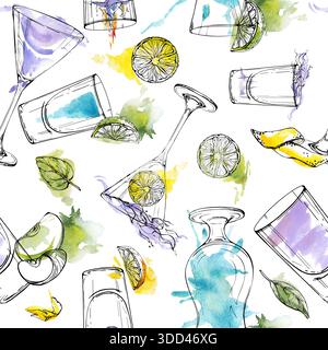 Shot kamikaze e Flaming Sambuca, cocktail Aviation e Blue Lagoon in tonalità lavanda e ciano. Arioso motivo senza cuciture ad acquerello disegnato a mano per il Web Foto Stock