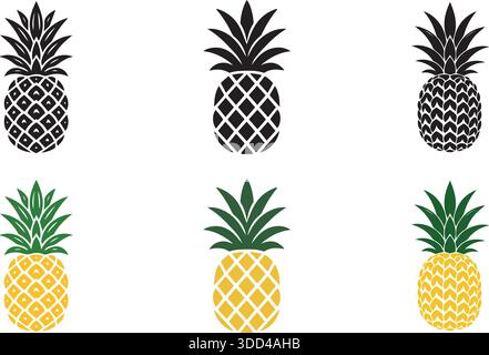 Icone vettoriali di ananas in stile nero e giallo, collezione di illustrazioni di frutta tropicale isolata su sfondo bianco. Illustrazione Vettoriale