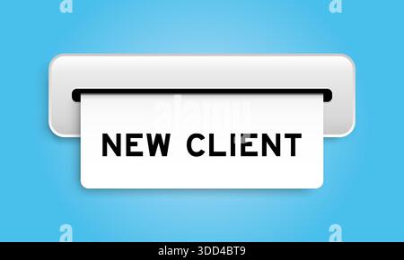 Banner coupon bianco con Word New client della macchina su sfondo blu Illustrazione Vettoriale