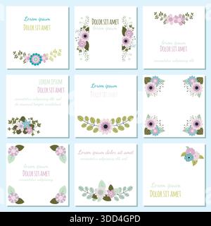 Set con graziose schede vettoriali con motivi floreali - disegni di brochure Illustrazione Vettoriale