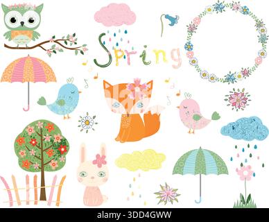 Collezione carina per la primavera e l'estate con animali ed elementi di design per biglietti d'auguri, inviti e scrapbooking Illustrazione Vettoriale