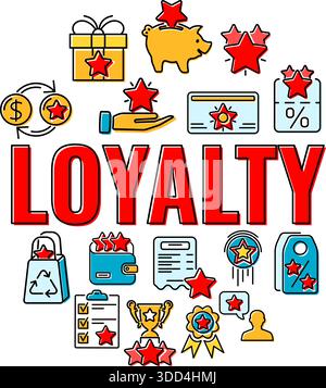 Banner del programma fedeltà con caratteri tipografici e icone colorate piatte. Premi per i clienti con bonus. Regalo, buoni sconto, crescita bonus, scambio Illustrazione Vettoriale