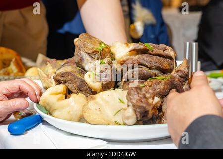 Primo piano del piatto nazionale kazako Beshbarmak, carne appetitosa. Foto Stock