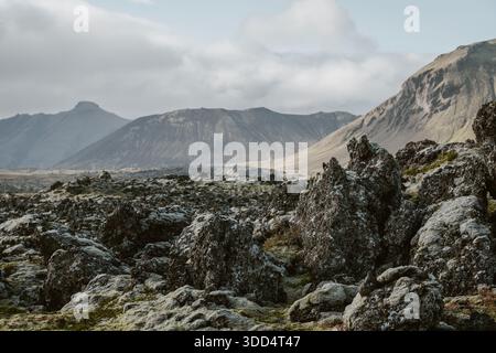 Arido paesaggio vulcanico. Paesaggio islandese, terre di rocce vulcaniche e muschio. Montagne in lontananza, terre desolate. Foto Stock