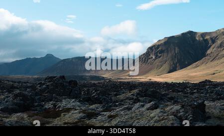 Arido paesaggio vulcanico. Paesaggio islandese, terre di rocce vulcaniche e muschio. Montagne in lontananza, terre desolate. Foto Stock
