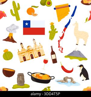 La cultura cilena presenta uno schema senza soluzione di continuità con bandiera, mappa, cibo, vino, pinguino, vulcano, cactus e icone tradizionali, isolate su sfondo bianco Illustrazione Vettoriale