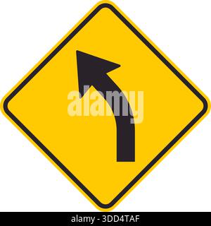 Segnali stradali gialli a rombi che informano i conducenti di una curva a sinistra davanti a loro. Illustrazione Vettoriale