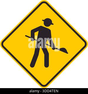 Segnaletica stradale gialla a rombi che avvisa i conducenti della presenza di lavoratori sulla strada antistante. Illustrazione Vettoriale