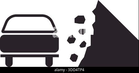 Icona pittogramma del segnale stradale che avverte i conducenti del rischio di caduta di rocce o frane davanti. Illustrazione Vettoriale